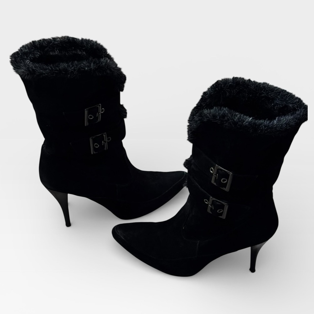 Colin Stuart Sz 8 1/2‎ Black suede faux Fur-Lined Women's stiletto Boots pointed